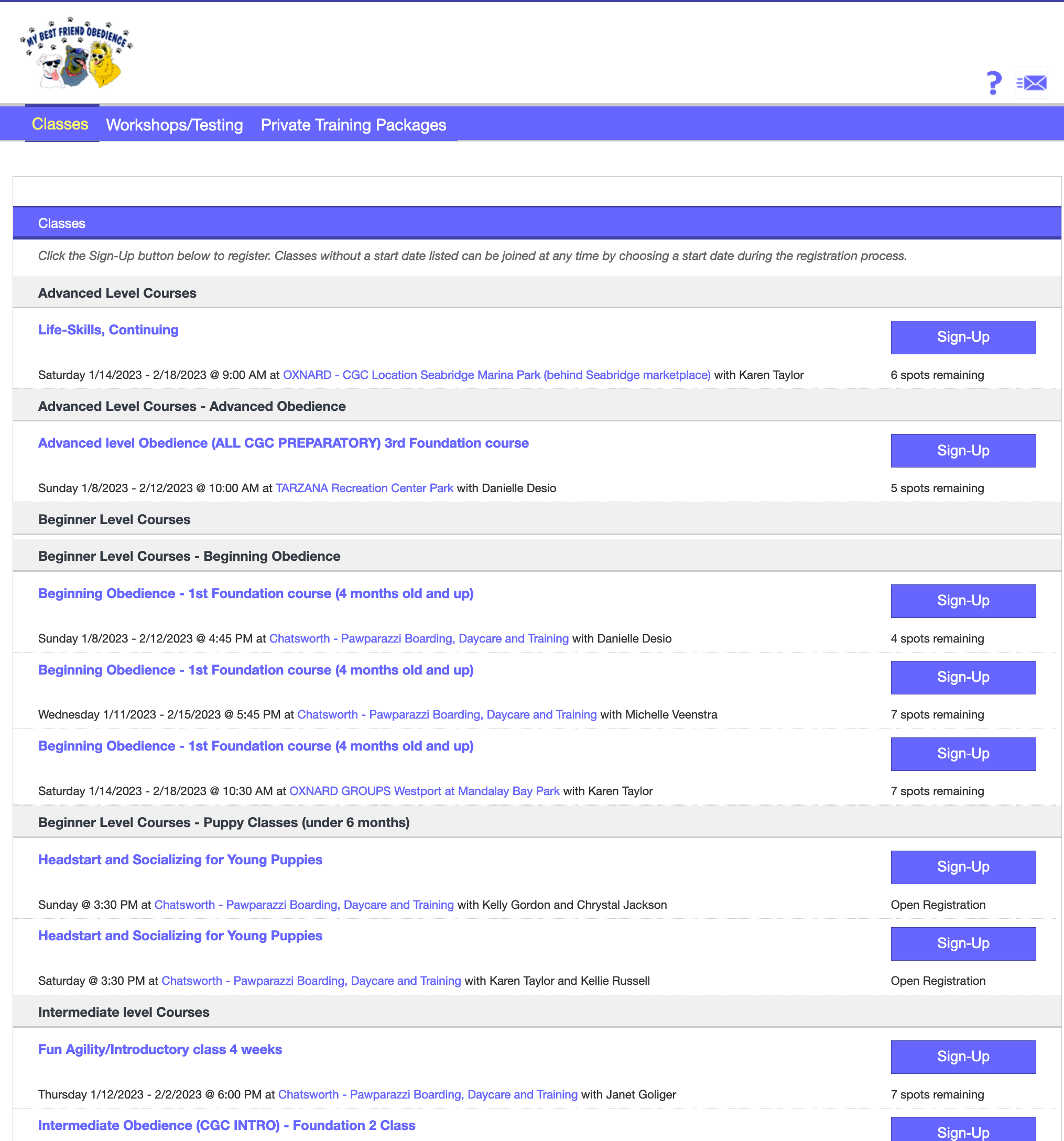 Class Registration form